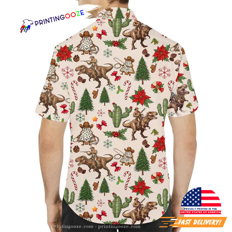 Funny Christmas Cowboy Riding Dinosaur Hawaiian Shirt