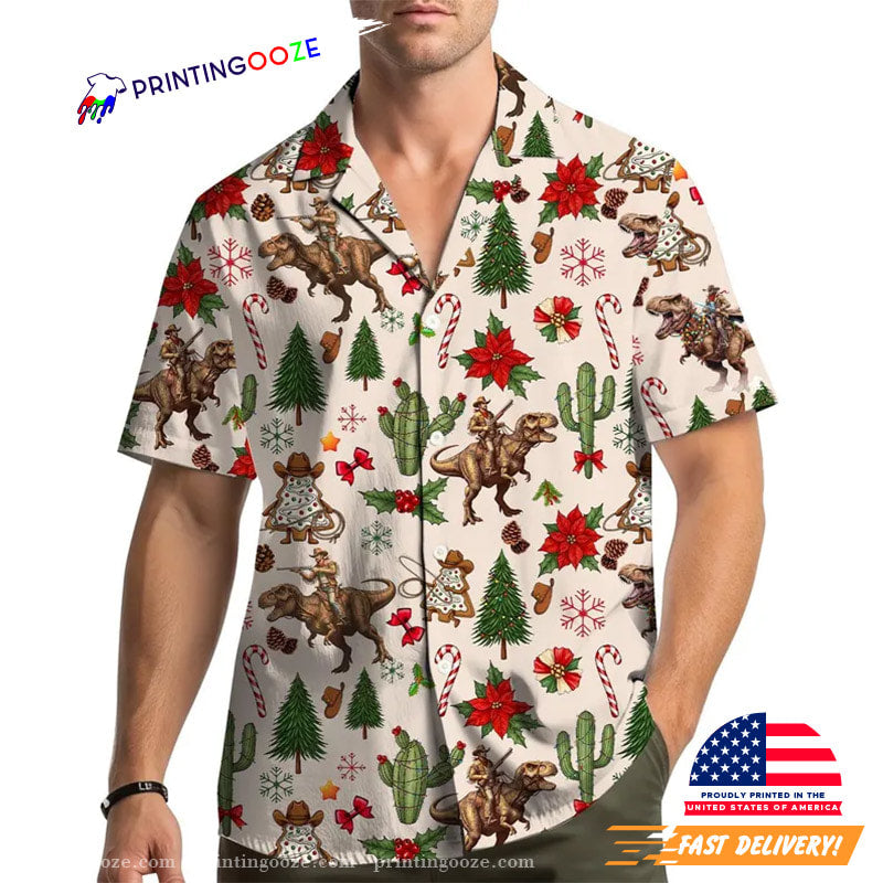 Funny Christmas Cowboy Riding Dinosaur Hawaiian Shirt