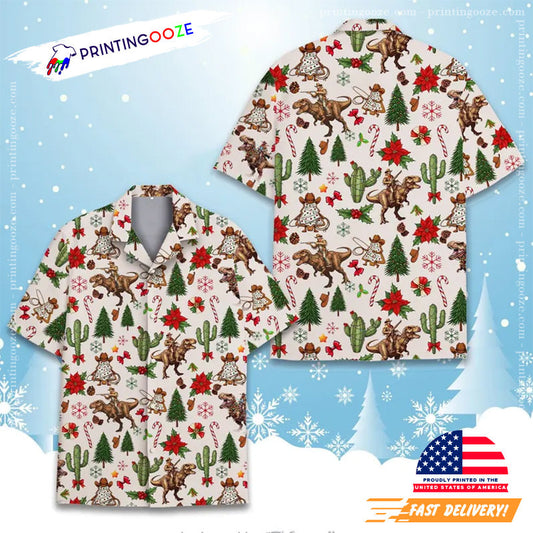 Funny Christmas Cowboy Riding Dinosaur Hawaiian Shirt