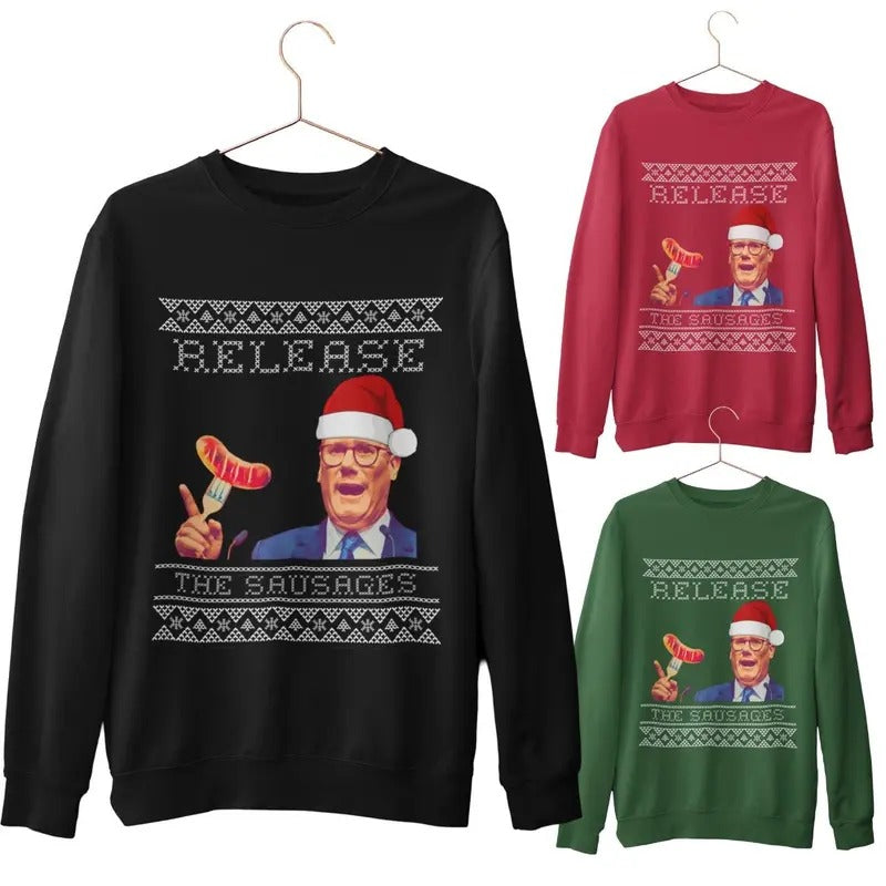 Funny Christmas Jumper 2024 - Keir Starmer Release the Sausages Sweatshirt - Alternative T-Shirts, Hoodie