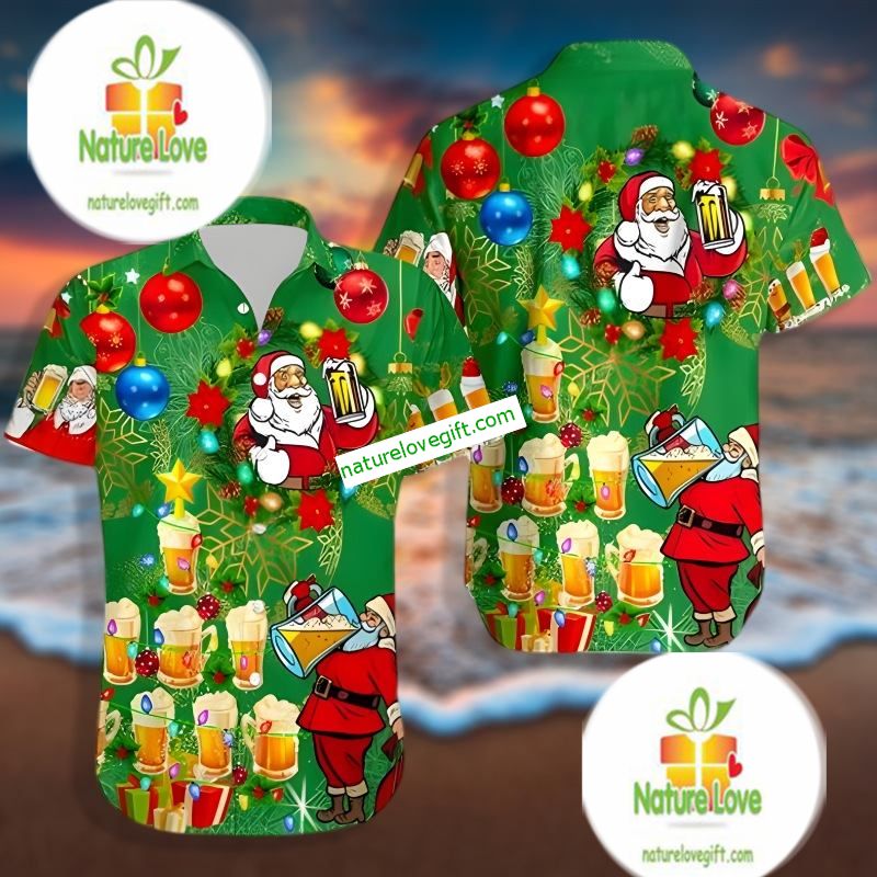 Funny Christmas Santa Drinking Beer Green Best Hawaiian Shirts