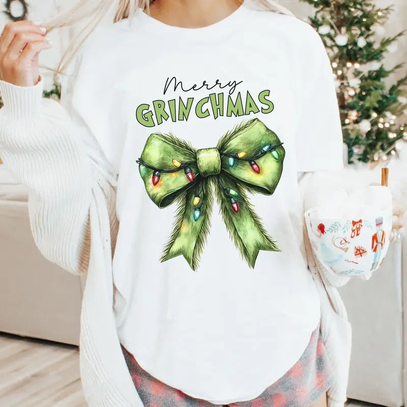 Funny Christmas Shirt, Coquette Bow Christmas TShirt, Merry Grinchmas, Comfort Colors Christmas, Holiday Party Outfit,...