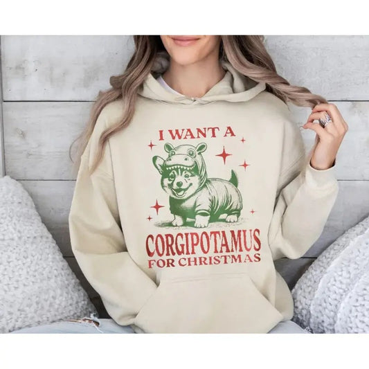 Funny Corgi Christmas Shirt, Corgi Lover Gift, Hippo Corgi Tshirt, Holiday Dog Mom Tee, Retro Graphic Pet Owner Xmas Cute Top, Unisex Sweater Pullover Tee