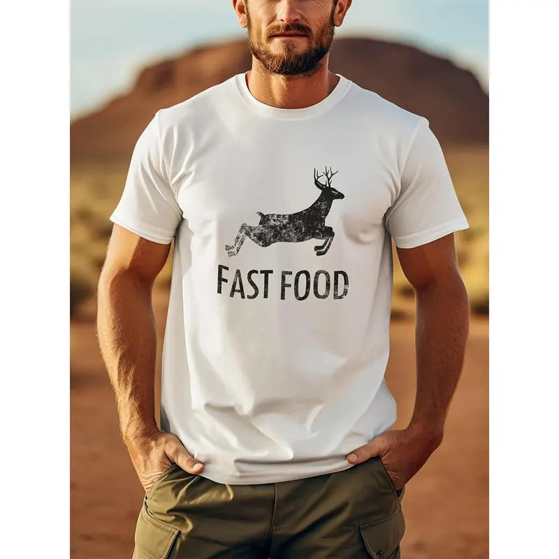 Funny Deer Hunting Tee - Men's Short Sleeve Graphic T-Shirt with Fast Food Print - Humorous Gift for Hunters and Outdoor Enthusiasts - Lightweight, Breathable, and Soft Fabric - Perfect for Casual Wear Made in USA