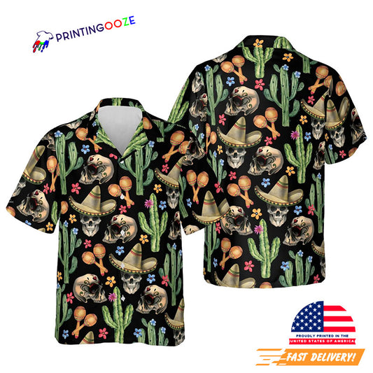 Funny Fiesta Skeleton Cactus Sombrero Button Up Hawaiian Shirt