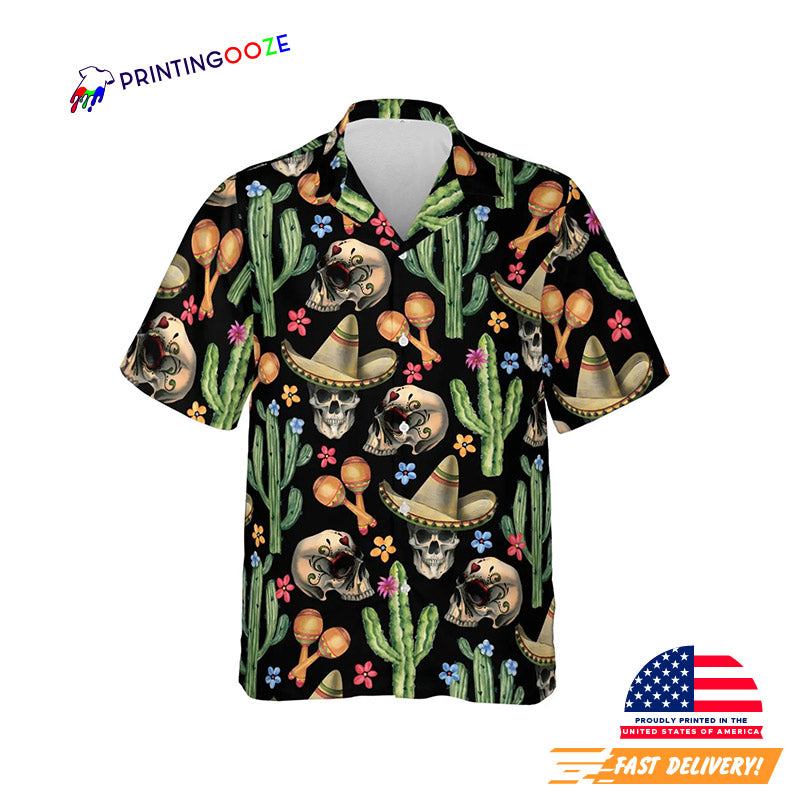 Funny Fiesta Skeleton Cactus Sombrero Button Up Hawaiian Shirt
