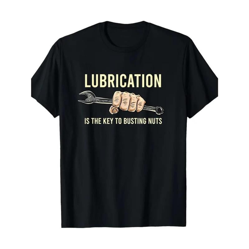 [Funny Graphic Tee] Black Cotton Men's Funny Lubrication Key Graphic T-Shirt - Casual Short Sleeve, Comfortable Round Neck, Regular Fit, All-Season, Geometric Pattern Made in USA