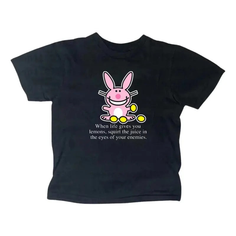 Funny Happy Bunny Baby Tee, Gothic Emo Girl Top, Scene Clothing 2000s, Y2k Top Women Streetwear, Casual Cotton Short...