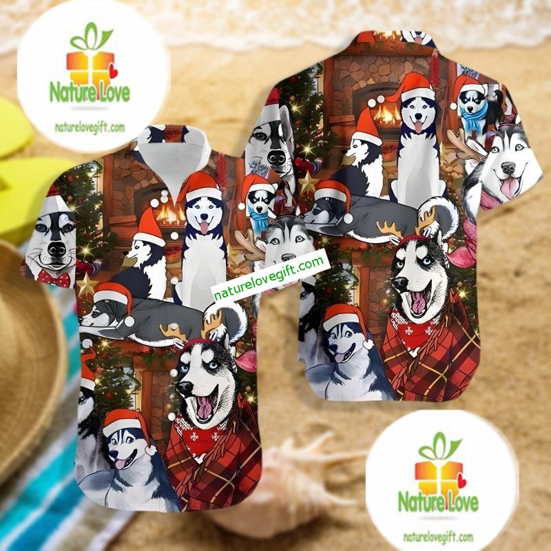 Funny Husky Dog With Santa Claus Hat Red Hawaiian Shirt Outfit