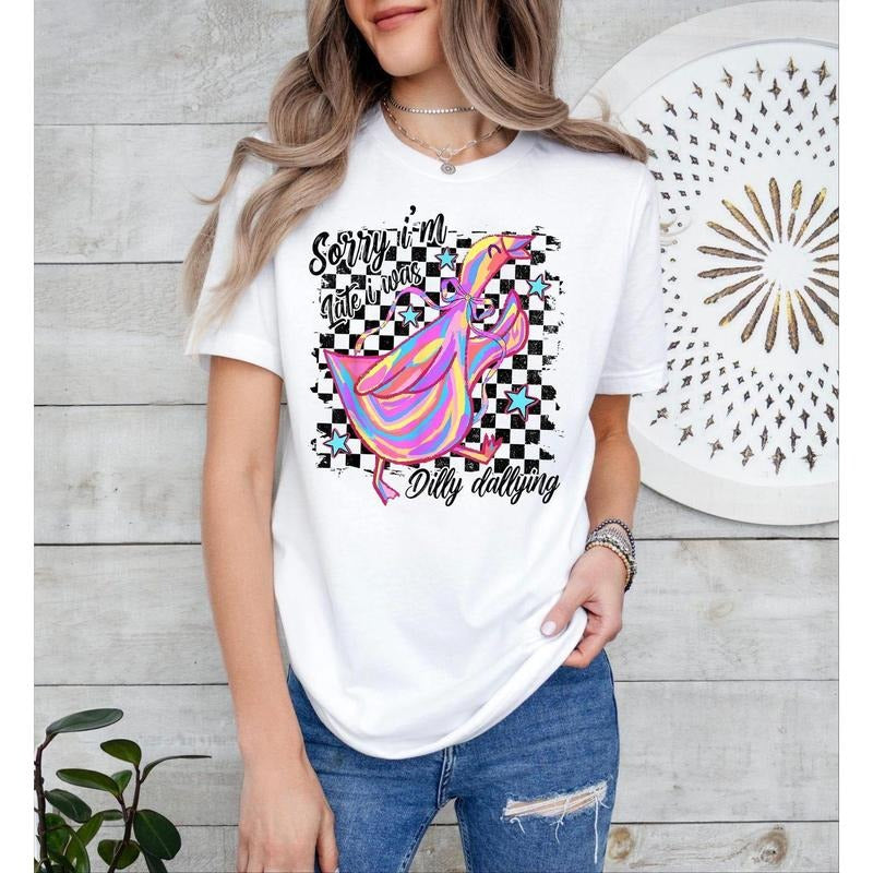 Funny Mama Goose Shirt, Sorry I'm Late I Was Dilly Dallying Goose Shirt, Sarcastic Retro Boho Floral Shirt ,Preppy Girly