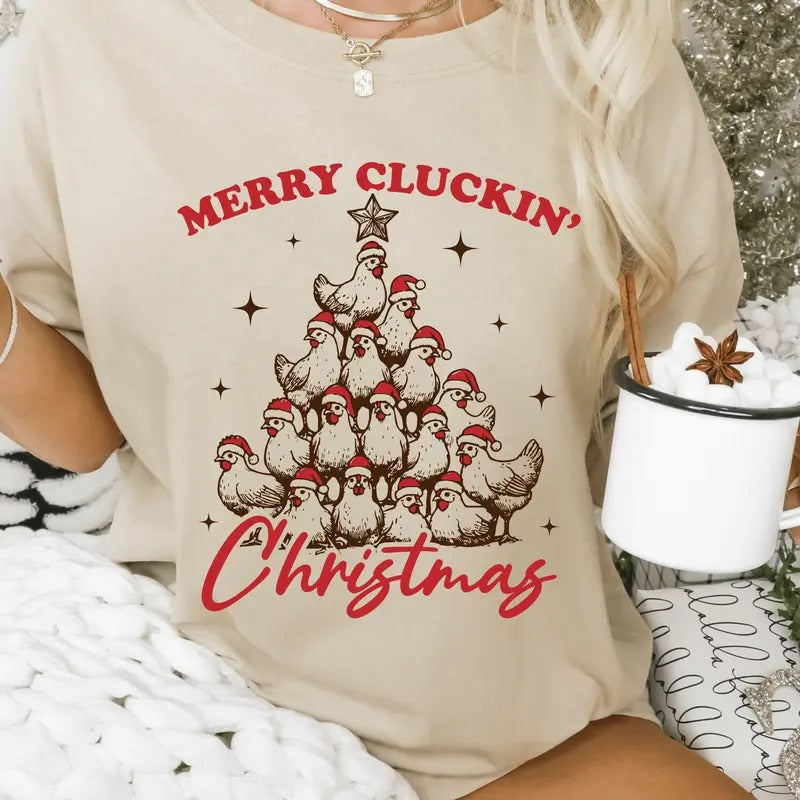 Funny Merry Cluckin' Christmas Shirt - Funny Holiday Graphic Tee, Casual Soft Short Sleeve Or Long Sleeve Unisex T-Shirt - Printed, Cotton