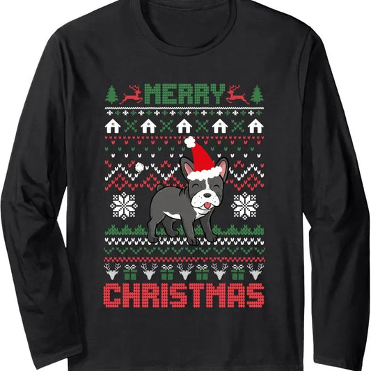 Funny Merry Ugly Christmas Sweater French Bulldog Santa Hat Long Sleeve T-Shirt