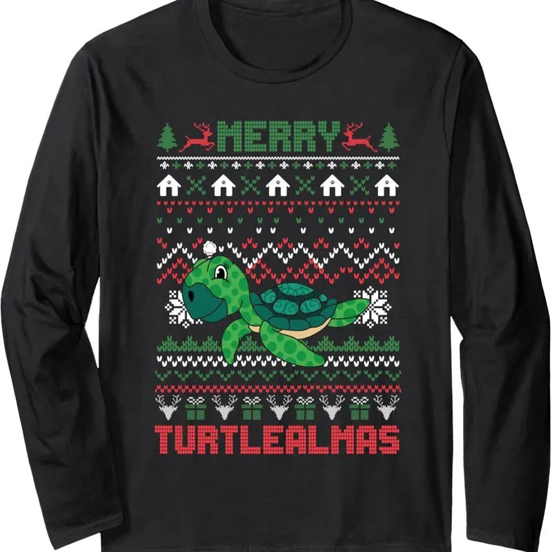 Funny Merry Ugly Christmas Sweater Turtle Cute Santa Hat Long Sleeve T-Shirt