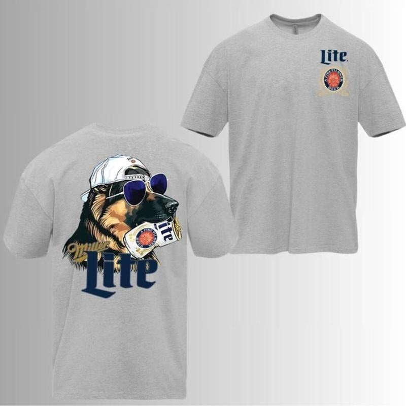 Funny Miller Lite German Shepherd Hunting Cool Style T-shirt 2 Sides Unisex Cotton Fit, Black, White, Navy, 100% US Cotton, Soft Breathable Fabric