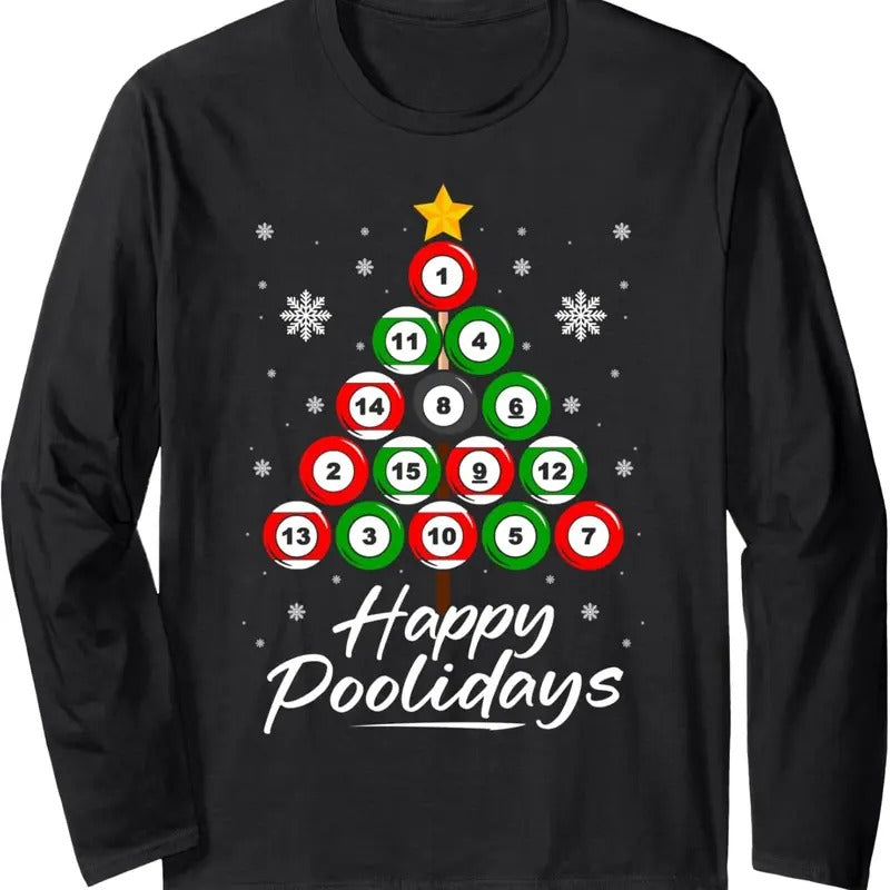 Funny Pool Christmas Tree Billiards Shirt Ugly Xmas Sweater Long Sleeve T-Shirt