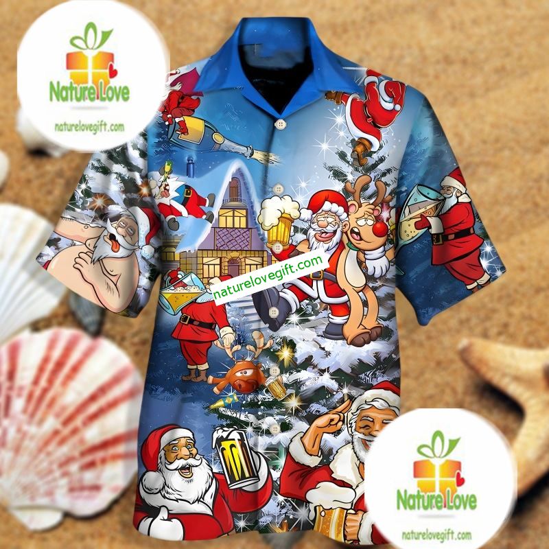 Funny Reindeer And Santa Claus Drinking Beer Meme Blue My Hawaiian Shirts