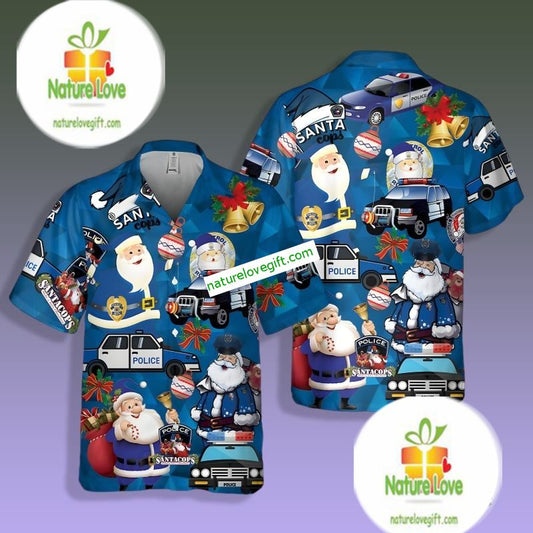 Funny Santa Police Christmas Blue Tacky Hawaiian Shirt