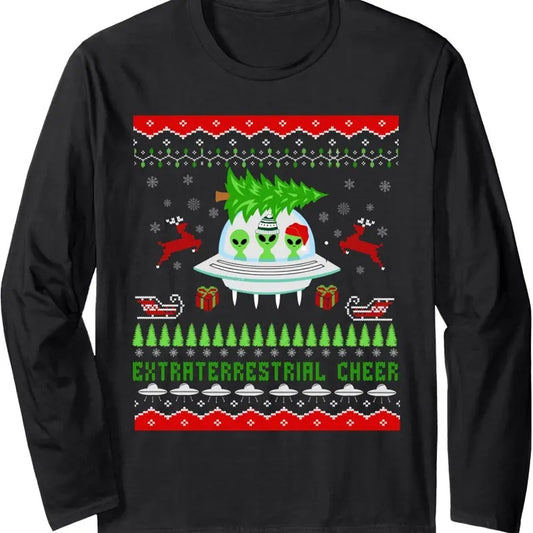 Funny Ugly Christmas Alien UFO Santa Reindeer Tree Gift Kids Long Sleeve T-Shirt Hoodie, Sweatshirt | InkThreadWorks.com