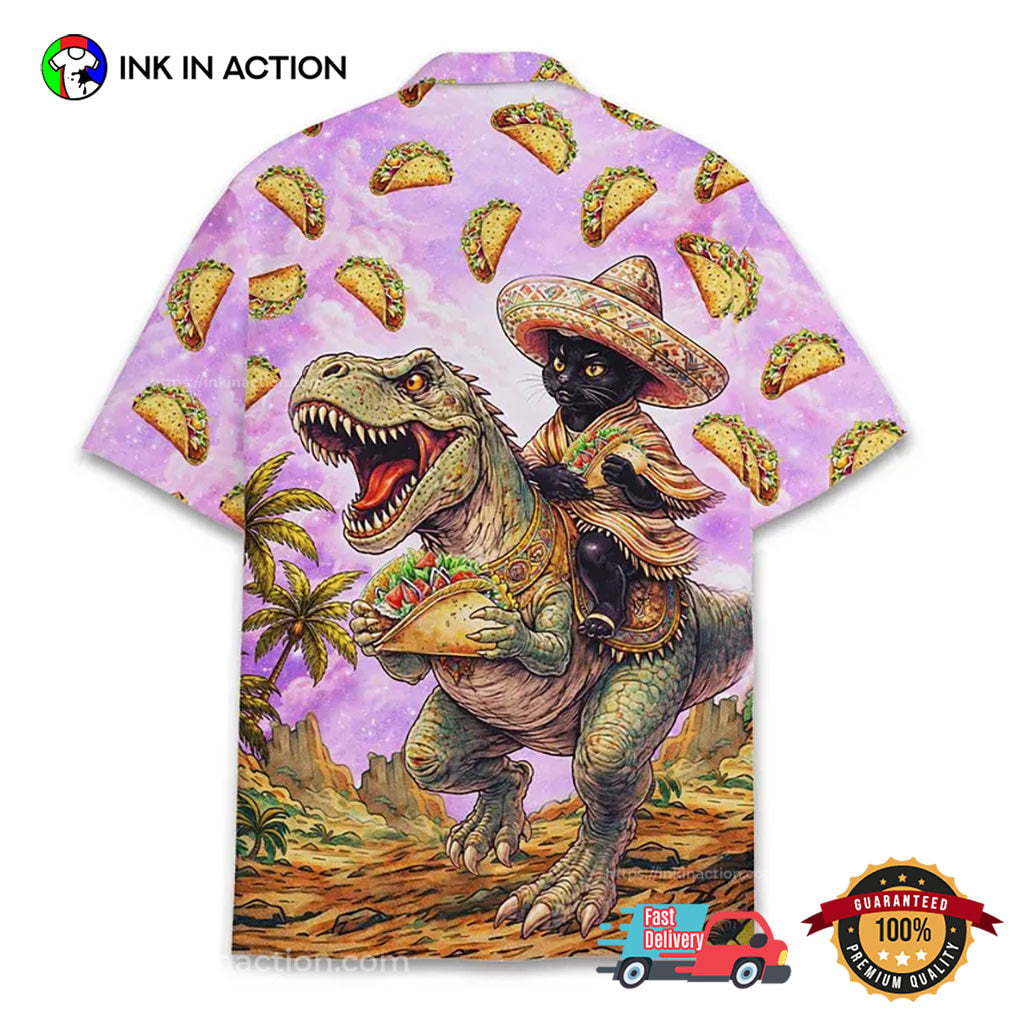 Funny Fiesta Cinco De Mayo Taco Cat Riding Dinosaur Hawaiian Shirt