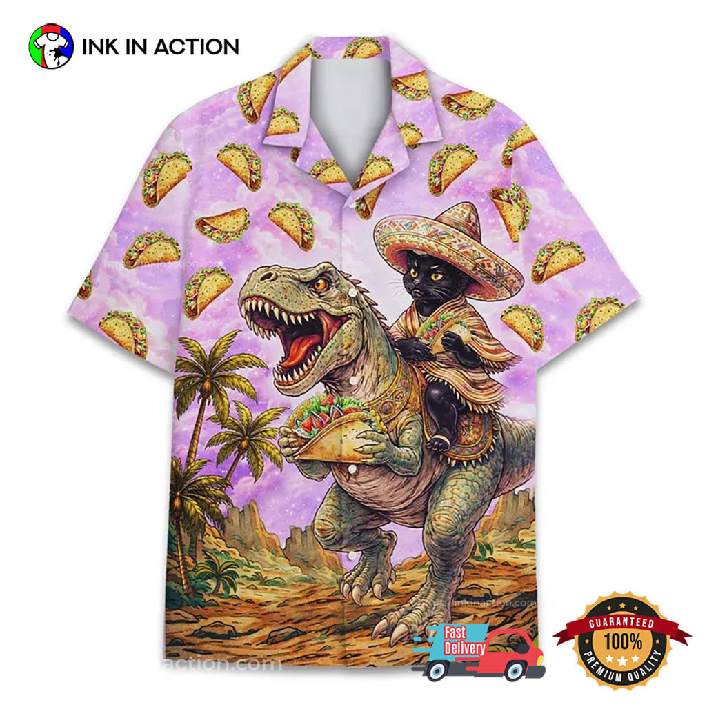Funny Fiesta Cinco De Mayo Taco Cat Riding Dinosaur Hawaiian Shirt