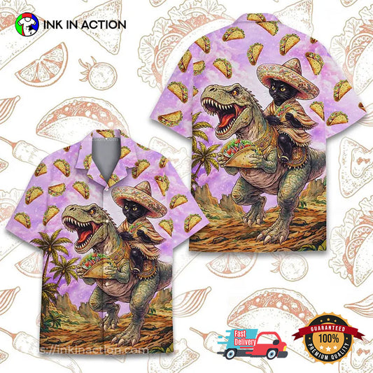 Funny Fiesta Cinco De Mayo Taco Cat Riding Dinosaur Hawaiian Shirt