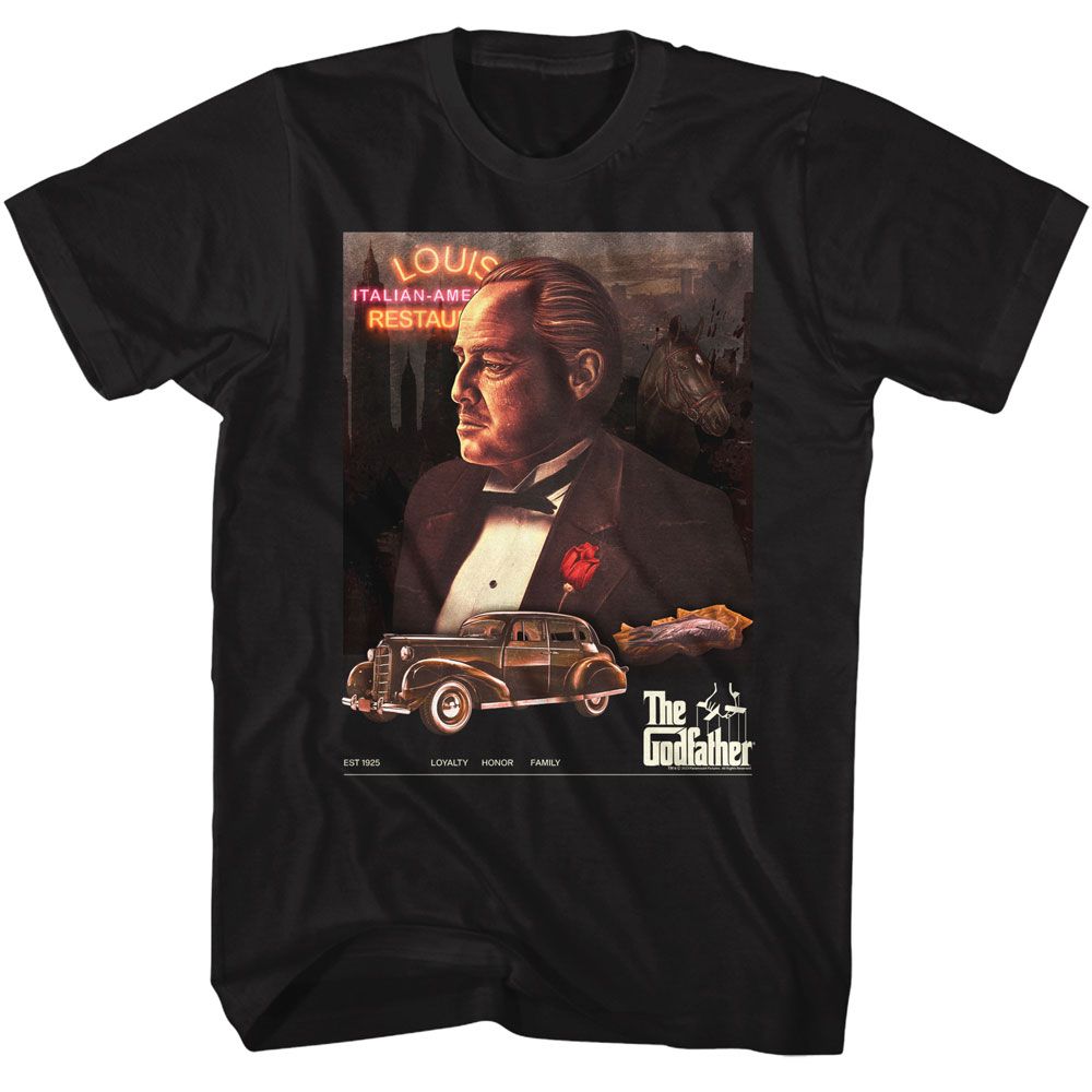 The Godfather - Poster Collage Neon - American Classics - Solid Black Adult Short Sleeve T-Shirt