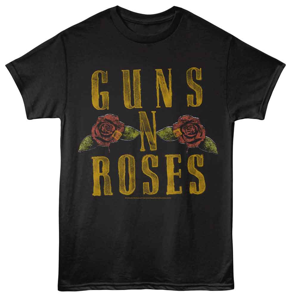 Guns N Roses - Logo And Roses - American Classics - Front Print Black Solid Adult Short Sleeve T-Shirt