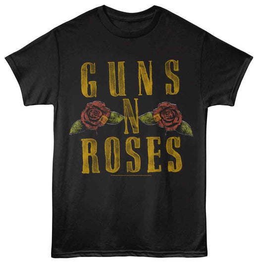 Guns N Roses - Logo And Roses - American Classics - Front Print Black Solid Adult Short Sleeve T-Shirt