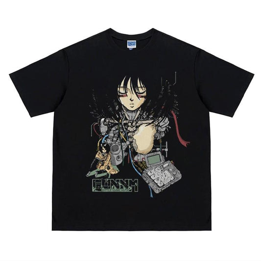GUNNM "Battle Angel" Heavyweight Vintage Tee 100% Cotton OVERSIZED Anime T-shirt Menswear Top Crew Necks Japanese Workwear Casual Streetwear Black Crewneck Tshirt Tropical Baggy Shortsleeve