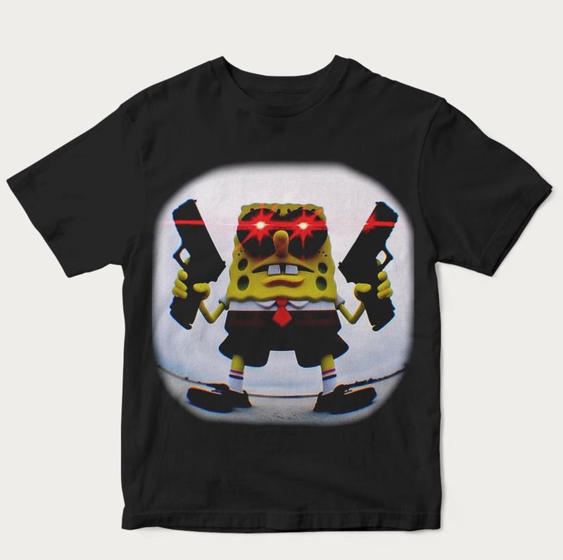 Gangster Spongebob Meme 90s Thug Graphic Tee, Funny Shirt, Unisex Cotton Crewneck T-Shirt - Medium, Short Sleeve, Casual Streetwear Printed Tee