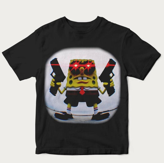 Gangster Spongebob Meme 90s Thug Graphic Tee, Funny Shirt, Unisex Cotton Crewneck T-Shirt - Medium, Short Sleeve, Casual Streetwear Printed Tee