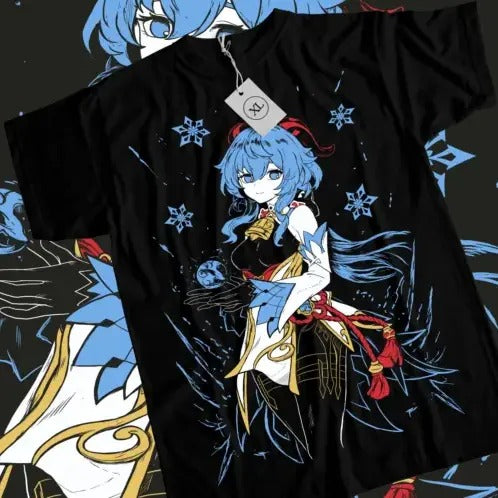 Ganyu Genshin Impact T-shirt Anime Girl Kawaii Black Shirt Short Sleeve All Size