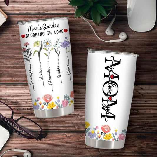 Garden Mom  Blooming In Love Tumbler With Grandkids Names, Family Name Birth Flowers Personalized Tumbler, Unique...