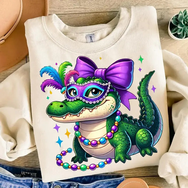 Gator Mardi Gras Tshirt Sweatshirt, Mardi Gras Alligator Shirt, Fleur De Lis Shirt, Louisiana Festival Sweatshirt, Unisex...