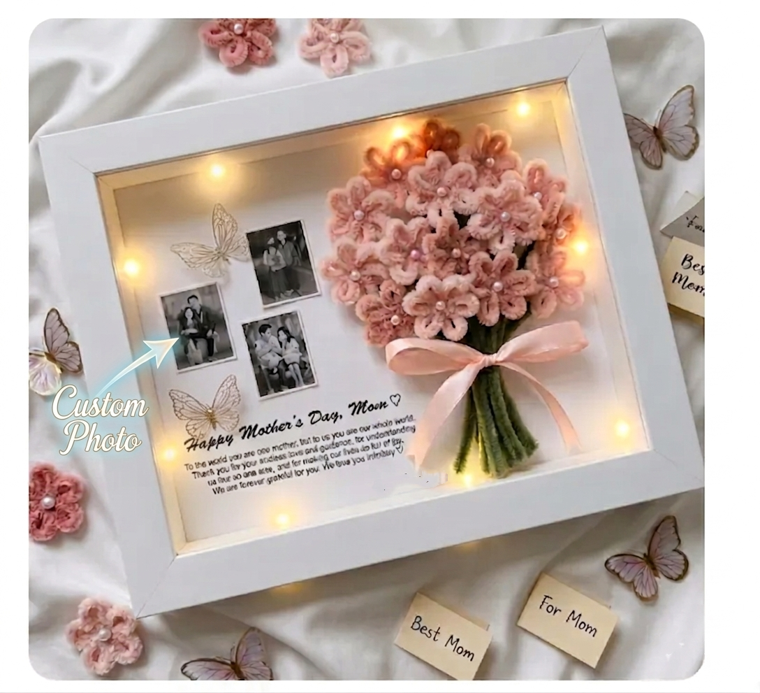 Personalized Mothers Day Gift Shadow Box Handmade Pipe Cleaner Flower Bouquet with Custom Photos Lights Unique Keepsake for Mom - MyHawaiianShirts