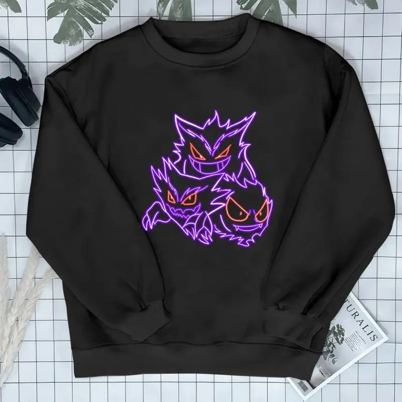 Gengar Ghost Sweatshirt Neon Style Gift For Men Women Birthday Christmas Holiday, Cute Shirt, Gift For Fan Pokemon, Gift For Him , Gift For Her , Anime Graphic Tee , Trendy Shirt Menswear Top Hoodie Sweaters Human Long Sleeve Longsleeves Crewneck