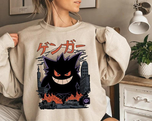 Gengar Sweatshirt, Dark Ghost Kaiju Japanese Style Shirt , Japanese Anime Movie Sweatshirts, Halloween Sweatshirt, Halloween Shirt, Unisex Classic Cotton Graphic Print All Sizes for Men and Women