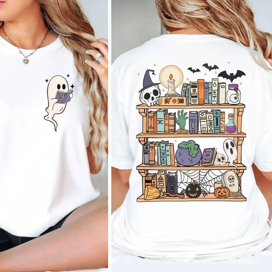 Gh0st Book Reader Two Sides Shirt, Halloween Library, Halloween Reading Tee, Skeleton Book Club, Reading Girl Shirts,...