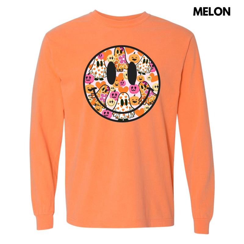 Ghost & Pumpkin Happy Face Long Sleeve Comfort Colors T-Shirt 'NLB' Hoodie, Sweatshirt | InkThreadWorks.com