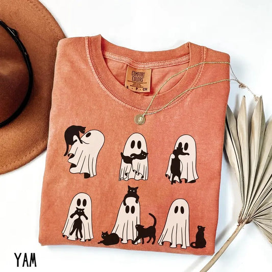Ghost Cat Shirt, Comfort Colors Cat Ghost T-Shirt, Cute Cat Lovers Shirt, Retro Ghost Halloween, Halloween Cat T-shirt,...