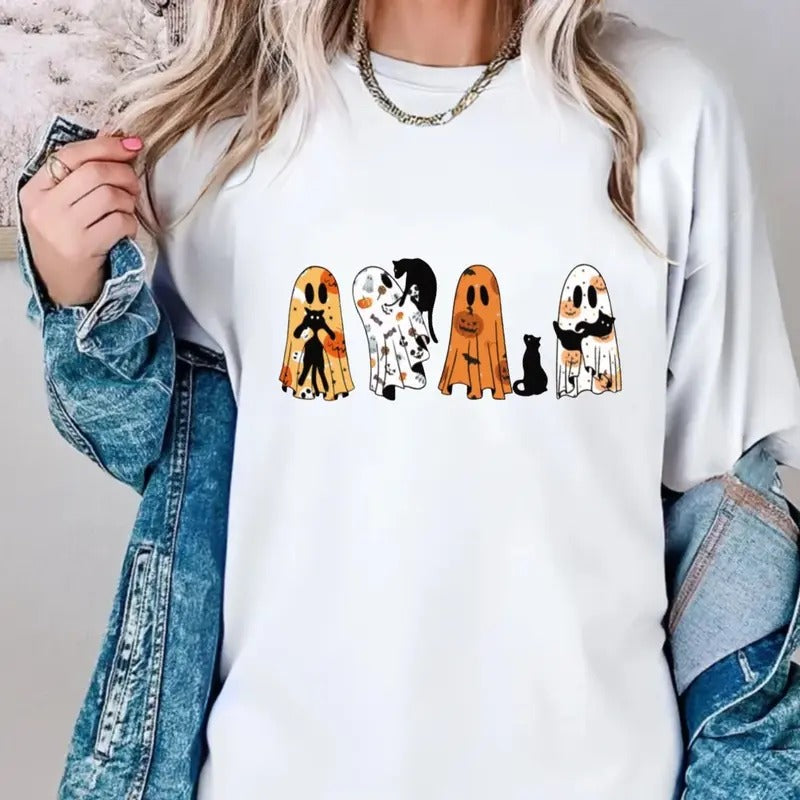 Ghost Cat Shirt, Halloween Ghost Shirt, Black Cat Shirt, Spooky Season, Cat Lover Gift, Halloween Gift, Retro Cat Mom...