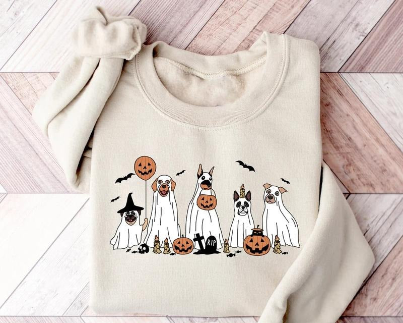 Ghost Dog Sweatshirt - 2024 Halloween Sweater, Long Sleeve, Retro Spooky Season, Bestie Wetsuit Crewneck, Menswear Hoodie...