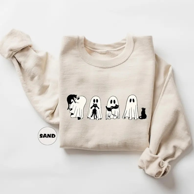 Ghost Holding Black Cat Sweatshirt, Ghost Cat Halloween Hoodie, Halloween Gift for Cat Owners, Halloween Cat Tee, Black...