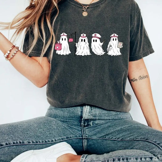 Ghost Nurse Halloween Comfort Colors Shirt, Spooky Nurse Shirt, Nurse Boo Crew Shirt Collar Garment Hoodie, Sweatshirt