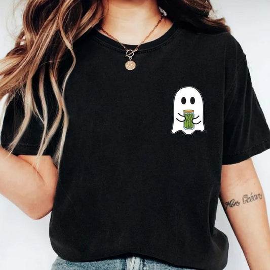 Ghost Pickle Pocket Size T-Shirt, Trendy Pickle Jar Halloween Shirt, Unisex Pickle Lover Gift Tee, Spooky Season Short...