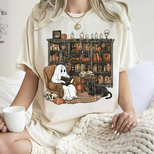 Ghost Reading Book T-Shirt, Halloween Bookshelf T-Shirt, Ghostly Bookish T-Shirt, Black Cat and Book , Cute Ghost Book...