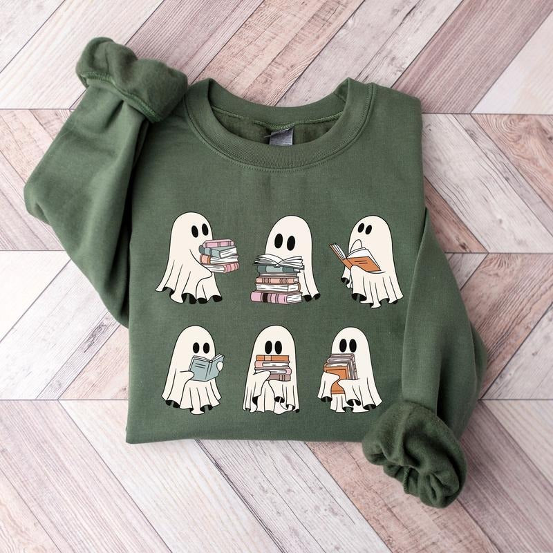 Ghost Reading Books Sweater, Bookish Halloween Sweatshirt, Halloween Teacher Gift, Librarian Halloween Hoodie, Ghost...