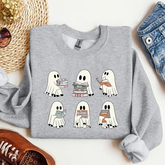 Ghost Reading Books Sweatshirt, Bookish Halloween Crewneck, Gift for Librarian Sweater, Funny Ghost Reading Shirt,...