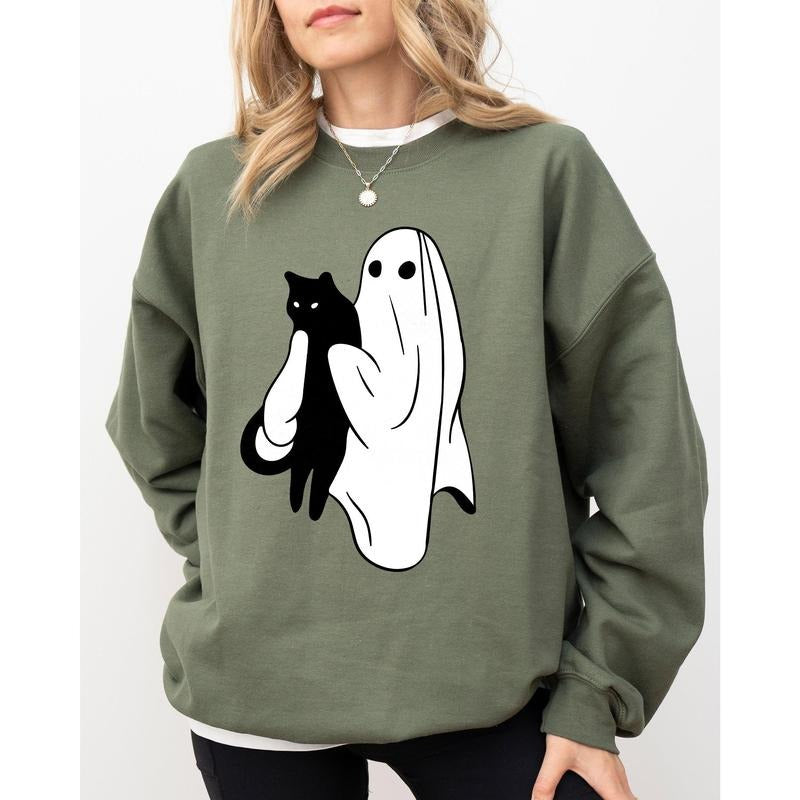 Ghost and Cat, Skeleton, Witch, Skull, Funny, Spooky, Aesthetic, Meme, Halloween, Costume Sweatshirt
