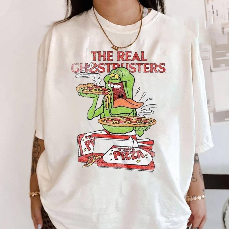 Ghostbusters Slimer & Pizza 80s Movie T-Shirt, The Real Ghostbusters Cartoon Halloween Shirts, 80s Halloween Shirt, Scary Cartoon Movie Tee